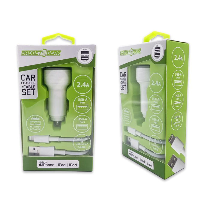 Car Charger Dual USB Ports with USB to Lightning Charging Cable Set - 3 Pieces Per Pack 24620 GADGET GEAR