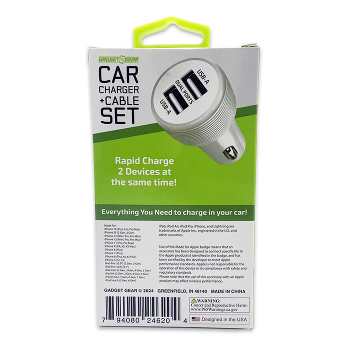Car Charger Dual USB Ports with USB to Lightning Charging Cable Set - 3 Pieces Per Pack 24620 GADGET GEAR