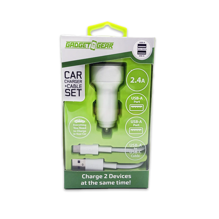 Car Charger Dual USB Ports with USB to USB-C Charging Cable Set 2.4 Amp - 3 Pieces Per Pack 24626 GADGET GEAR