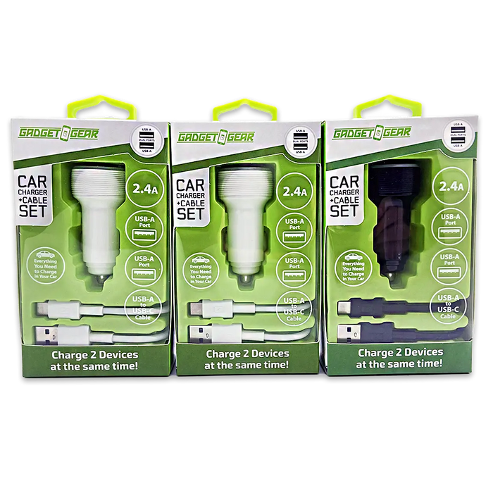 Car Charger Dual USB Ports with USB to USB-C Charging Cable Set 2.4 Amp - 3 Pieces Per Pack 24626 GADGET GEAR