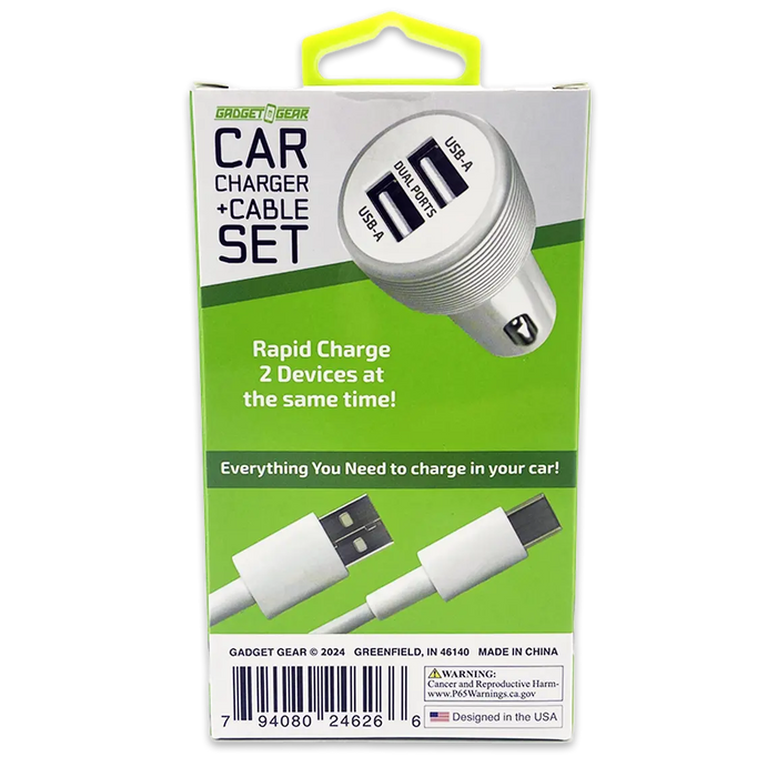 Car Charger Dual USB Ports with USB to USB-C Charging Cable Set 2.4 Amp - 3 Pieces Per Pack 24626 GADGET GEAR