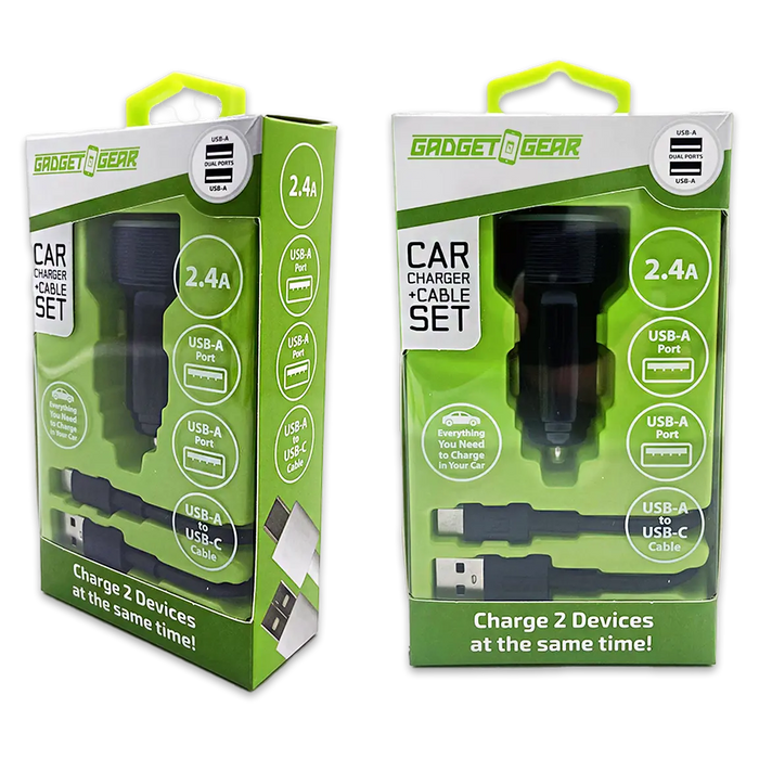Car Charger Dual USB Ports with USB to USB-C Charging Cable Set 2.4 Amp - 3 Pieces Per Pack 24626 GADGET GEAR
