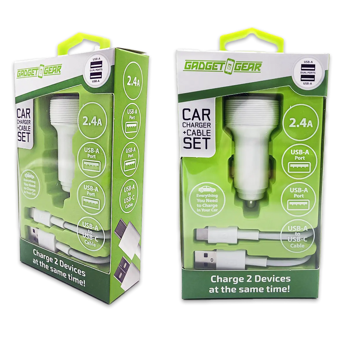 Car Charger Dual USB Ports with USB to USB-C Charging Cable Set 2.4 Amp - 3 Pieces Per Pack 24626 GADGET GEAR