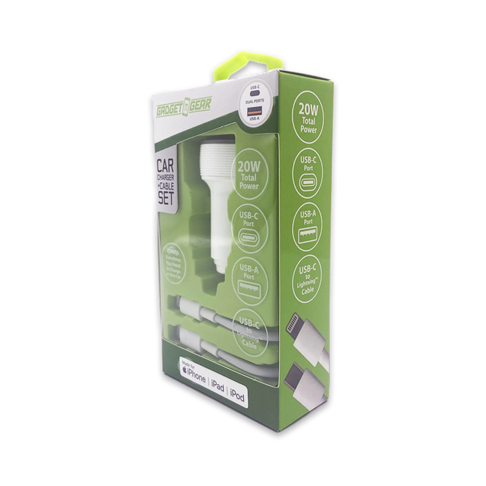 Car Charger Dual USB / USB-C Ports with USB-C to Lightning Charging Cable Set 20 Watts - 3 Pieces Per Pack 24607 GADGET GEAR