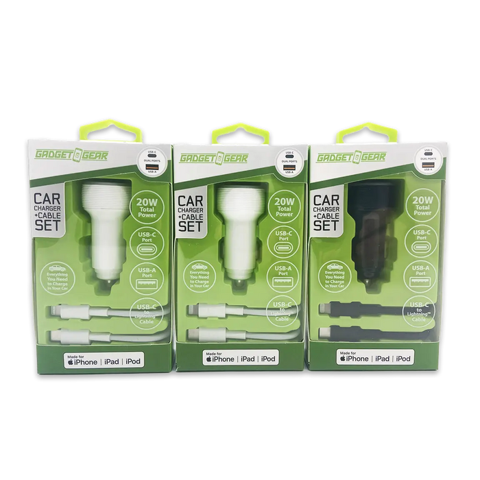 Car Charger Dual USB / USB-C Ports with USB-C to Lightning Charging Cable Set 20 Watts - 3 Pieces Per Pack 24607 GADGET GEAR
