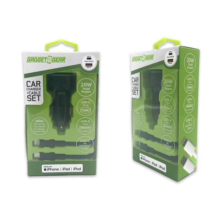 Car Charger Dual USB / USB-C Ports with USB-C to Lightning Charging Cable Set 20 Watts - 3 Pieces Per Pack 24607 GADGET GEAR