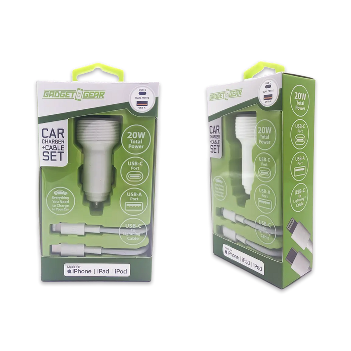 Car Charger Dual USB / USB-C Ports with USB-C to Lightning Charging Cable Set 20 Watts - 3 Pieces Per Pack 24607 GADGET GEAR