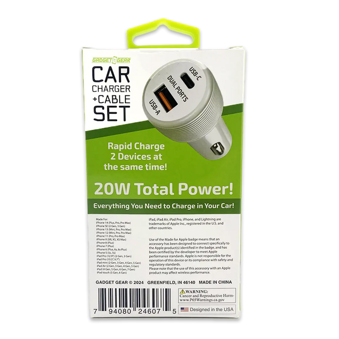 Car Charger Dual USB / USB-C Ports with USB-C to Lightning Charging Cable Set 20 Watts - 3 Pieces Per Pack 24607 GADGET GEAR