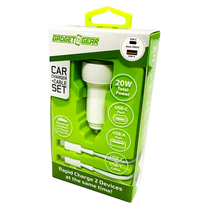 Car Charger Dual USB / USB-C Ports with USB-C to USB-C Charging Cable 20 Watts - 3 Pieces Per Pack 24608 GADGET GEAR