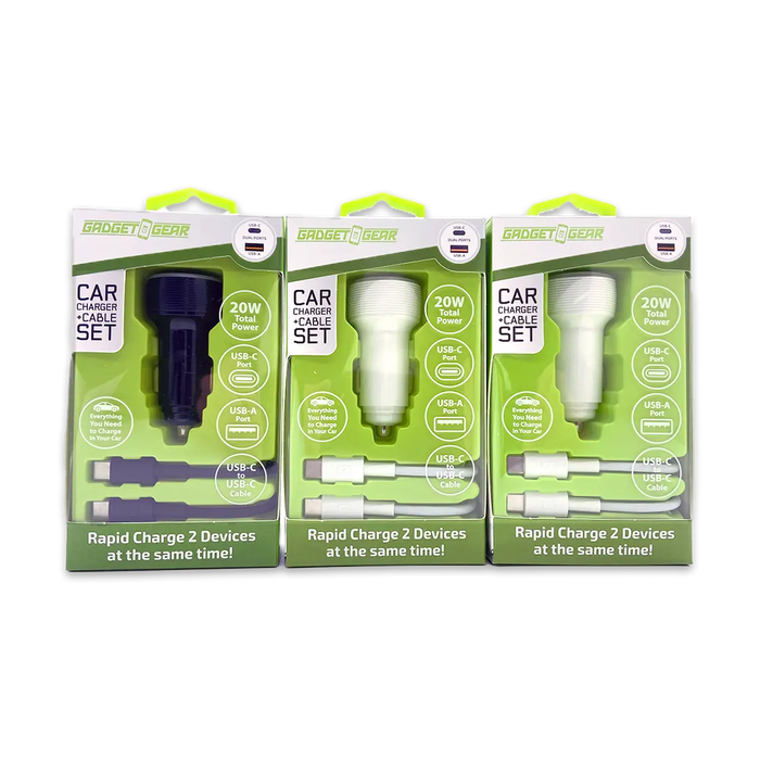 Car Charger Dual USB / USB-C Ports with USB-C to USB-C Charging Cable 20 Watts - 3 Pieces Per Pack 24608 GADGET GEAR