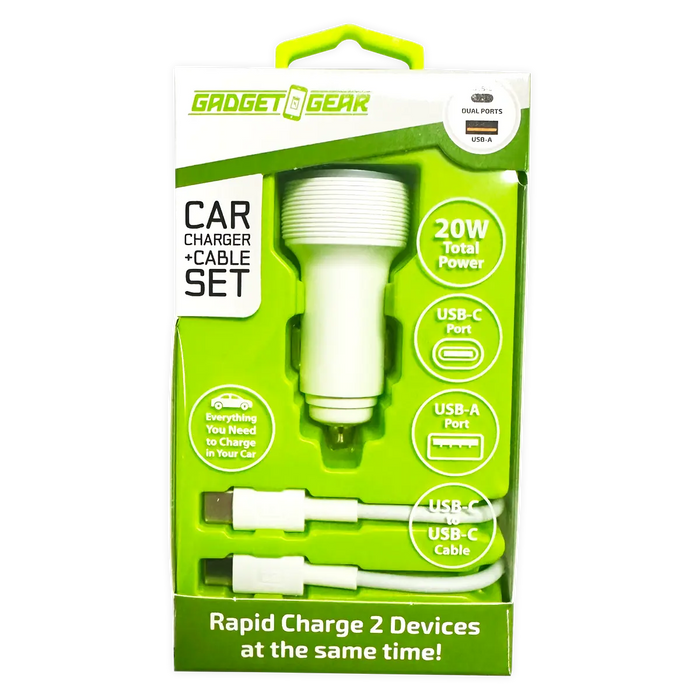 Car Charger Dual USB / USB-C Ports with USB-C to USB-C Charging Cable 20 Watts - 3 Pieces Per Pack 24608 GADGET GEAR