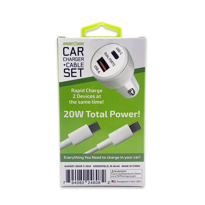 Car Charger Dual USB / USB-C Ports with USB-C to USB-C Charging Cable 20 Watts - 3 Pieces Per Pack 24608 GADGET GEAR