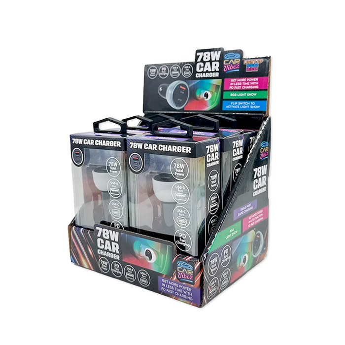 Car Charger Triple Port USB / USB-C LED 78W - 6 Pieces Per Retail Ready Display 25693 CAR VIBEZ