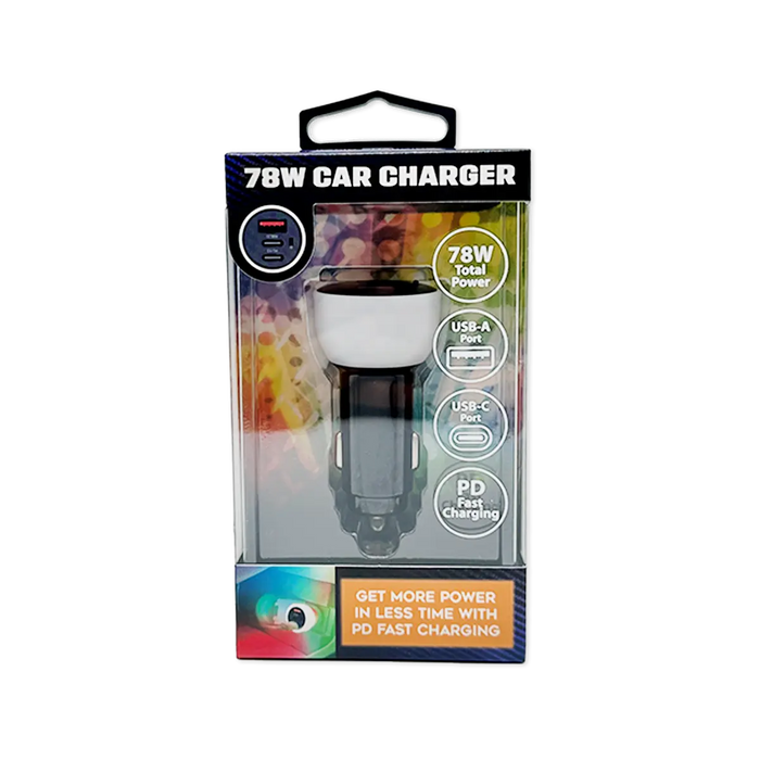 Car Charger Triple Port USB / USB-C LED 78W - 6 Pieces Per Retail Ready Display 25693 CAR VIBEZ