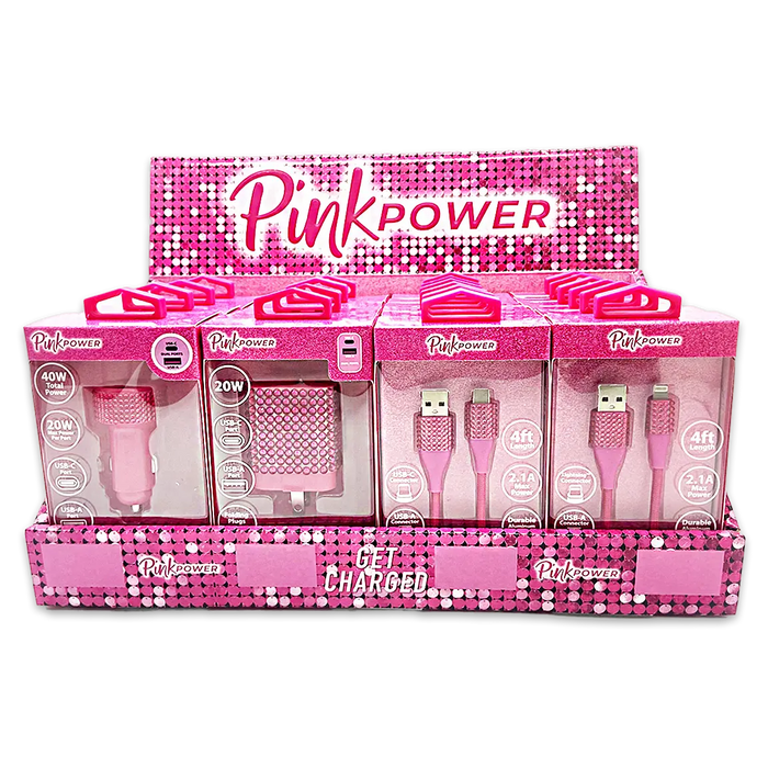 Car Charger / Wall Charger / Charging Cable Pink Power Assortment - 20 Pieces Per Retail Ready Display 88527 GADGET GEAR