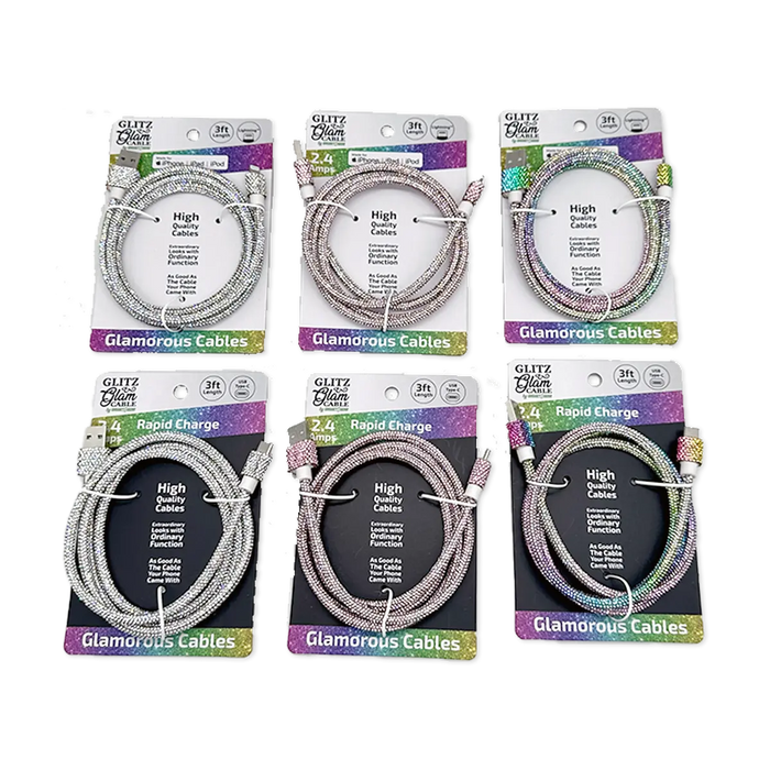 Charging Cable 3FT 2.4Amp USB-to-USB-C / Lightning Glitz N Glam Assortment - 6 Pieces Per Retail Ready Display 25948 GADGET GEAR