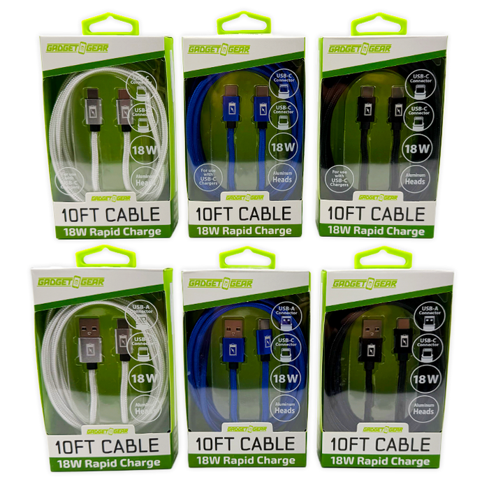 Charging Cable Assortment 10FT - 6 Pieces Per Retail Ready Display 88629
