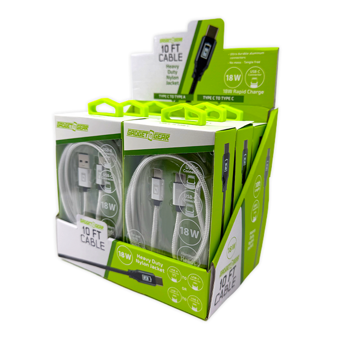 Charging Cable Assortment 10FT - 6 Pieces Per Retail Ready Display 88629