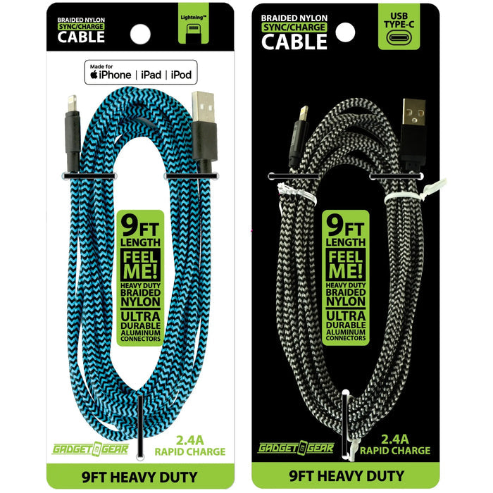 Charging Cable Braided Nylon Assortment 9FT 2.4 Amp - 12 Pieces Per Retail Ready Display 88254 GADGET GEAR