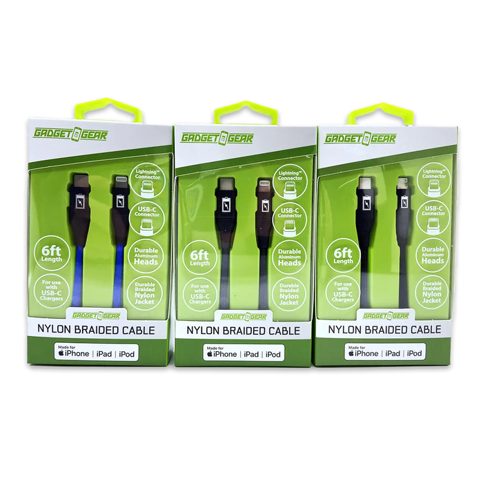 Charging Cable Braided Nylon USB-C to Lightning 6FT 2.4 Amp - 3 Pieces Per Pack 24606 GADGET GEAR