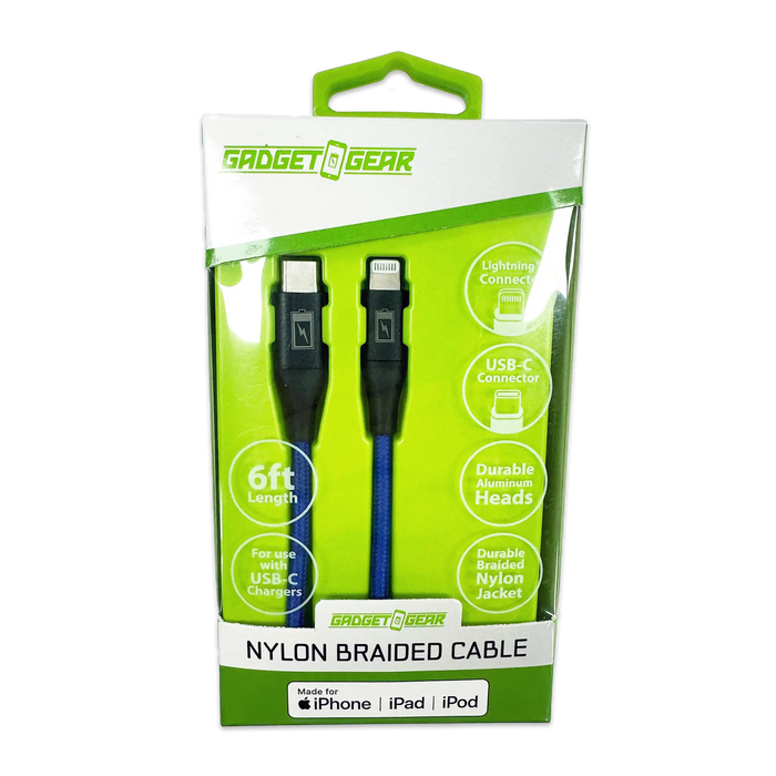 Charging Cable Braided Nylon USB-C to Lightning 6FT 2.4 Amp - 3 Pieces Per Pack 24606 GADGET GEAR
