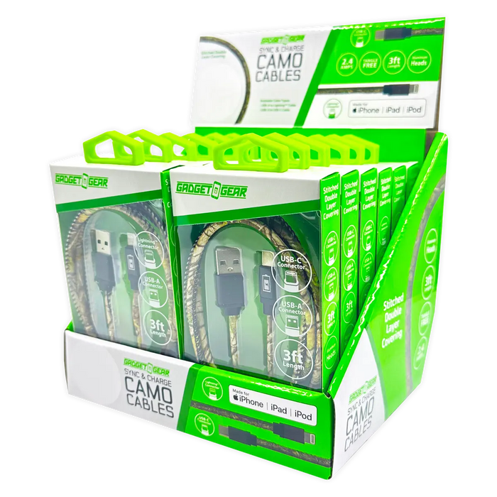 Charging Cable Camo Assortment 3FT - 12 Pieces Per Retail Ready Display 25112 GADGET GEAR