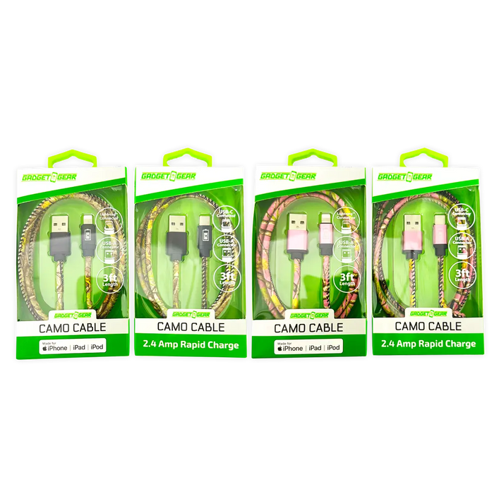 Charging Cable Camo Assortment 3FT - 12 Pieces Per Retail Ready Display 25112 GADGET GEAR