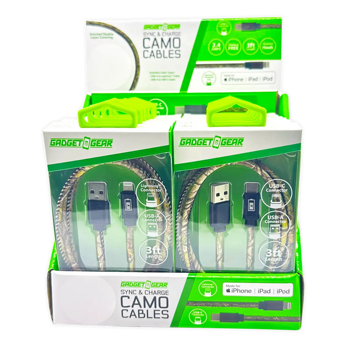 Charging Cable Camo Assortment 3FT - 12 Pieces Per Retail Ready Display 25112 GADGET GEAR