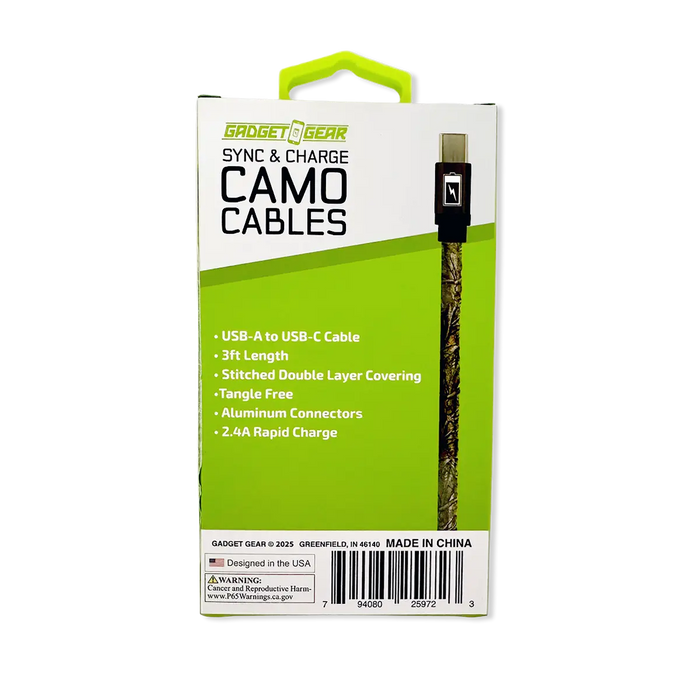 Charging Cable Camo USB-A-to-USB-C 3FT - 6 Pieces Per Retail Ready Display 25972 GADGET GEAR