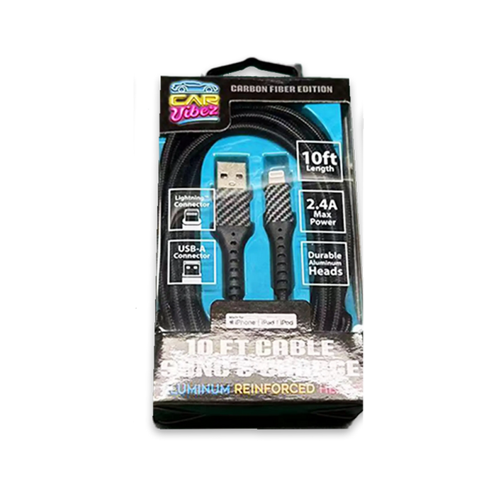 Charging Cable Carbon Fiber USB to Lightning 10FT 2.4 Amp - 3 Pieces Per Pack 24566 CAR VIBEZ