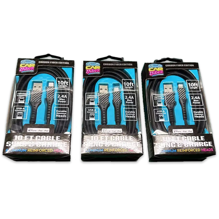 Charging Cable Carbon Fiber USB to Lightning 10FT 2.4 Amp - 3 Pieces Per Pack 24566 CAR VIBEZ