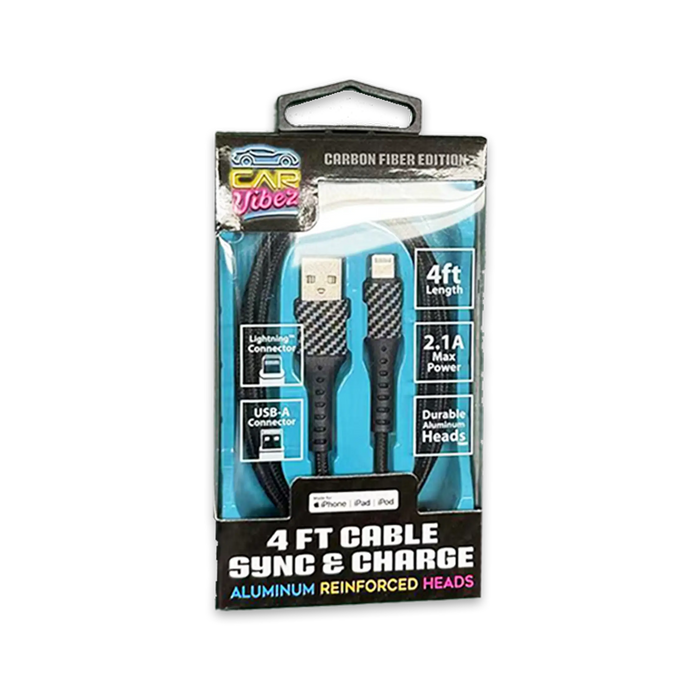 Charging Cable Carbon Fiber USB to Lightning 4FT 2.1 Amp - 3 Pieces Per Pack 24565 CAR VIBEZ