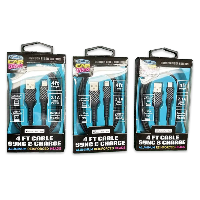 Charging Cable Carbon Fiber USB to Lightning 4FT 2.1 Amp - 3 Pieces Per Pack 24565 CAR VIBEZ