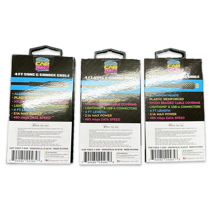 Charging Cable Carbon Fiber USB to Lightning 4FT 2.1 Amp - 3 Pieces Per Pack 24565 CAR VIBEZ