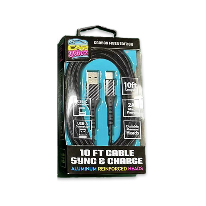 Charging Cable Carbon Fiber USB to USB-C 10FT 2 Amp - 3 Pieces Per Pack 24579 CAR VIBEZ