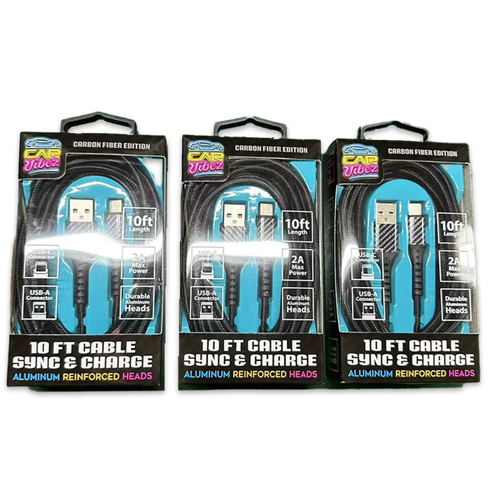 Charging Cable Carbon Fiber USB to USB-C 10FT 2 Amp - 3 Pieces Per Pack 24579 CAR VIBEZ