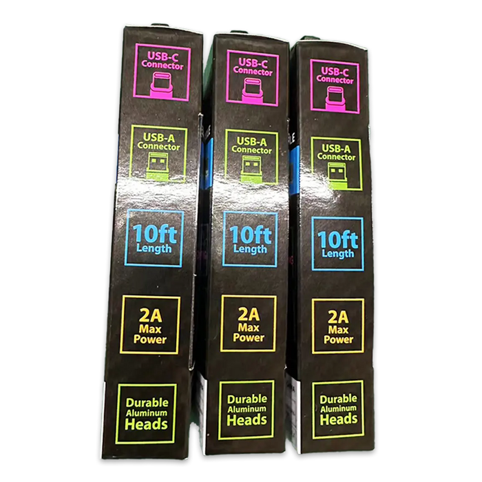 Charging Cable Carbon Fiber USB to USB-C 10FT 2 Amp - 3 Pieces Per Pack 24579 CAR VIBEZ