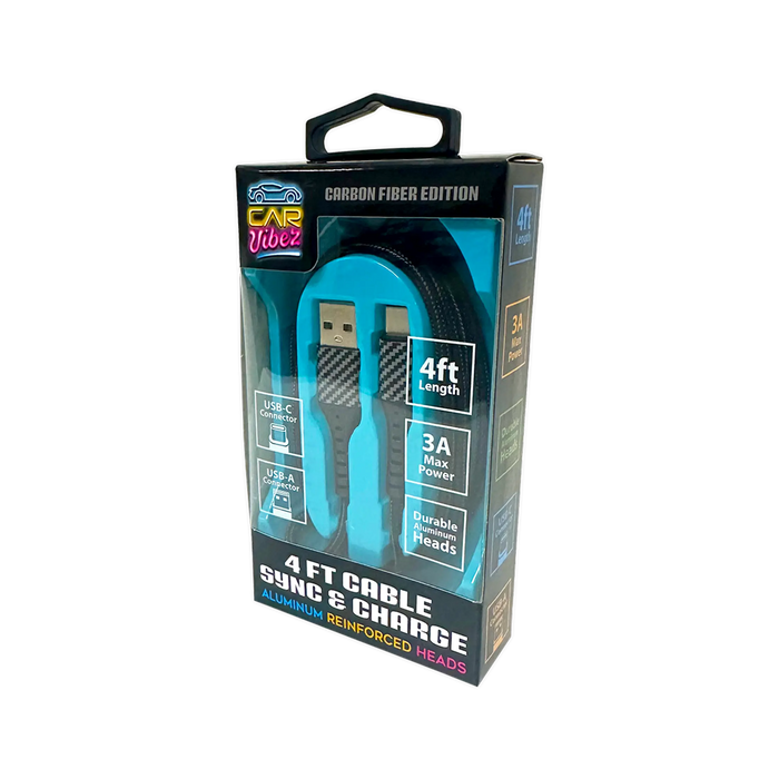 Charging Cable Carbon Fiber USB to USB-C 4FT 3 Amp - 3 Pieces Per Pack 24575 CAR VIBEZ