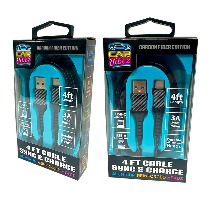 Charging Cable Carbon Fiber USB to USB-C 4FT 3 Amp - 3 Pieces Per Pack 24575 CAR VIBEZ