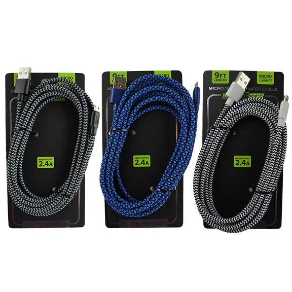Charging Cable Elite Cloth USB to Micro USB 9FT 2.4 Amp- 3 Pieces Per Pack 22441 GADGET GEAR