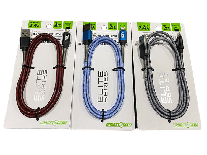 Charging Cable Elite Indestructible USB to Lightning 3FT 2.4 Amp - 3 Pieces Per Pack 22323 GADGET GEAR
