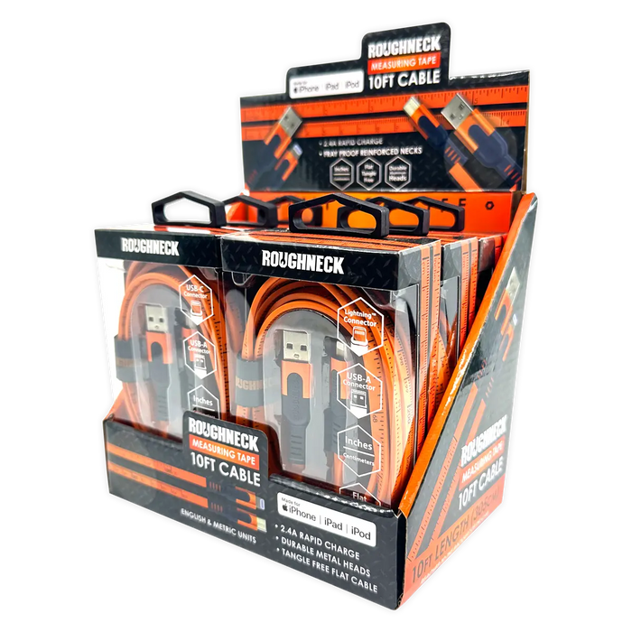 Charging Cable Flat Tape Measure Assortment 10FT 2.4 Amp - 6 Pieces Per Retail Ready Display  25090 ROUGHNECK