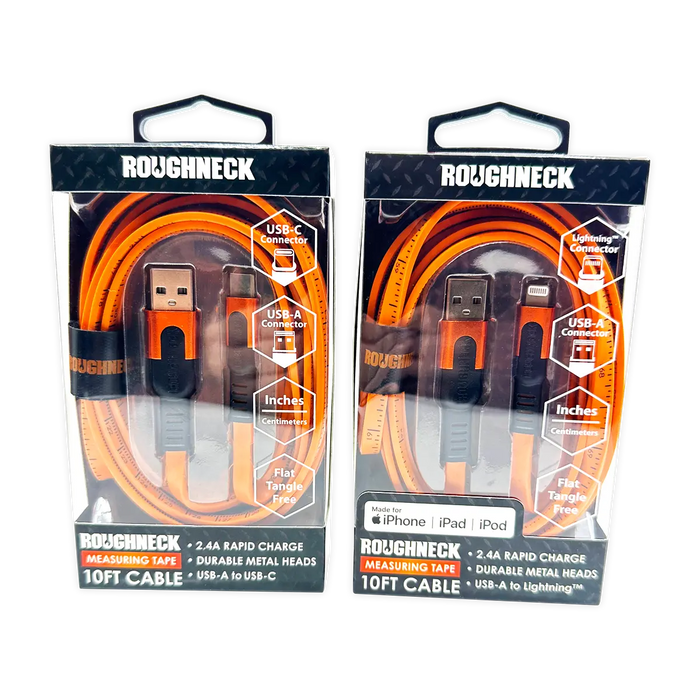Charging Cable Flat Tape Measure Assortment 10FT 2.4 Amp - 6 Pieces Per Retail Ready Display  25090 ROUGHNECK