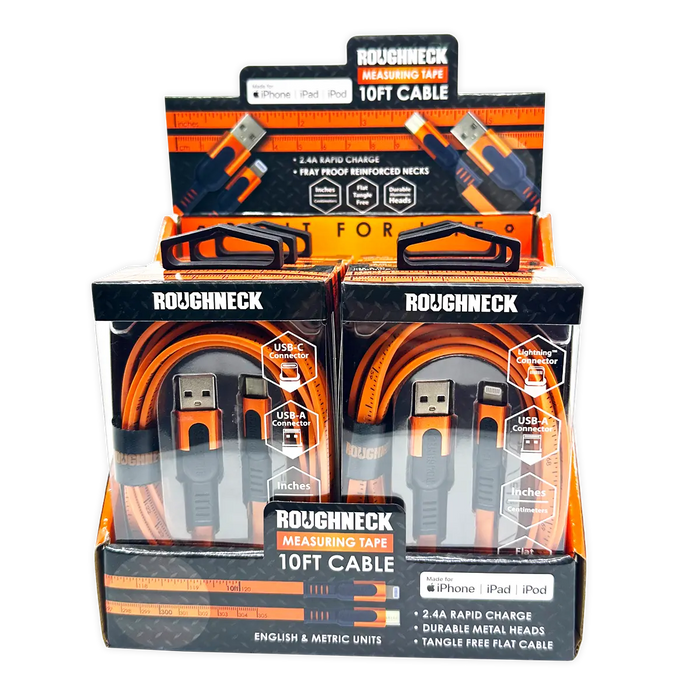 Charging Cable Flat Tape Measure Assortment 10FT 2.4 Amp - 6 Pieces Per Retail Ready Display  25090 ROUGHNECK