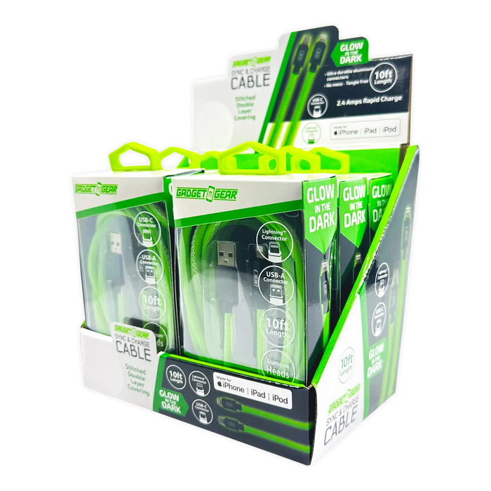Charging Cable Glow in The Dark Assortment 10FT - 6 Pieces Per Retail Ready Display 25113 GADGET GEAR