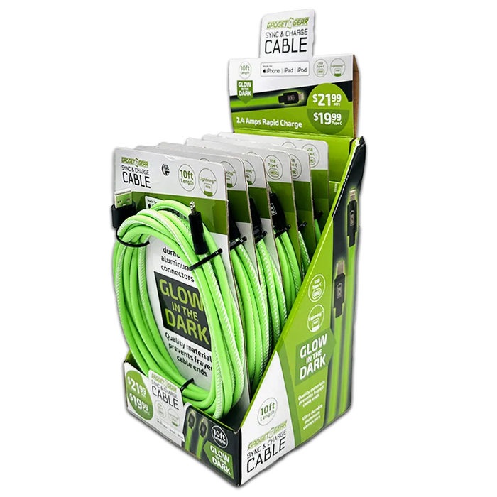Charging Cable Glow in The Dark Assortment 10FT - 6 Pieces Per Retail Ready Display 88498 GADGET GEAR