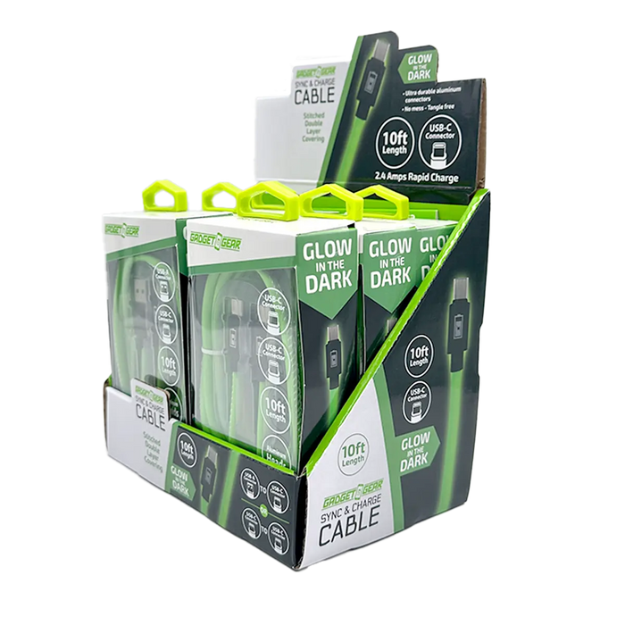 Charging Cable Glow in The Dark Assortment 10FT - 6 Pieces Per Retail Ready Display 88589 GADGET GEAR