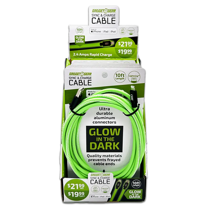 Charging Cable Glow in The Dark Assortment 10FT - 6 Pieces Per Retail Ready Display 88498 GADGET GEAR