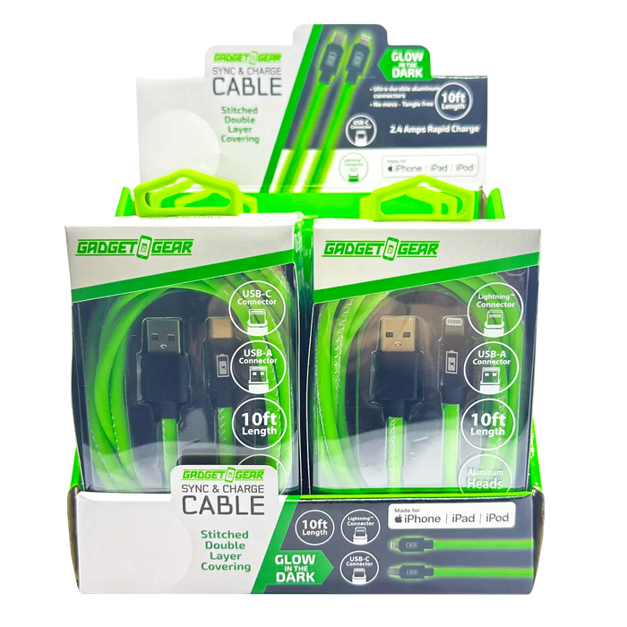 Charging Cable Glow in The Dark Assortment 10FT - 6 Pieces Per Retail Ready Display 25113 GADGET GEAR