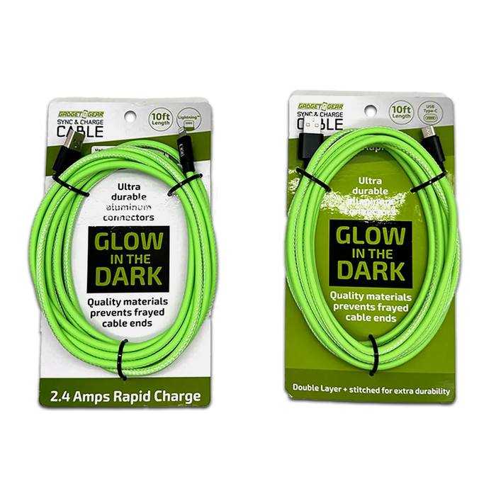 Charging Cable Glow in The Dark Assortment 10FT - 6 Pieces Per Retail Ready Display 88498 GADGET GEAR